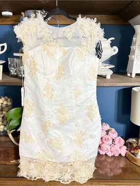 Women’s White Dress with Cream Lace Appliqué